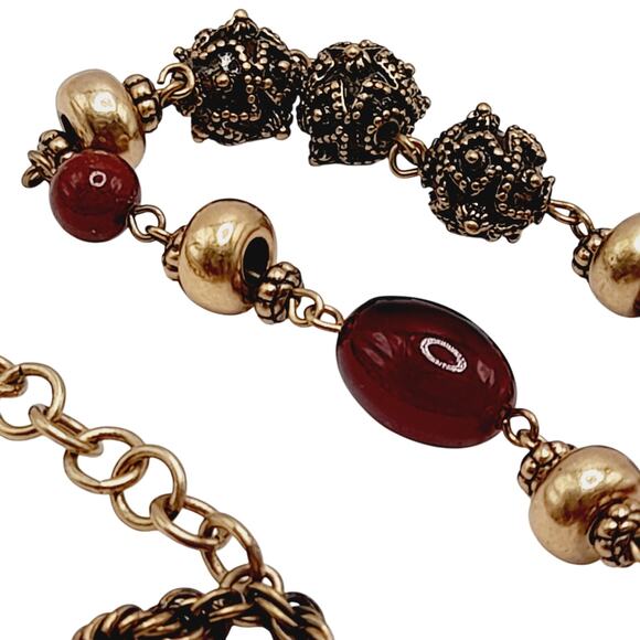 Chico’s Red Glass Beaded Necklace 38” Two Strand Gold Tone Accents Statement - Picture 11 of 11